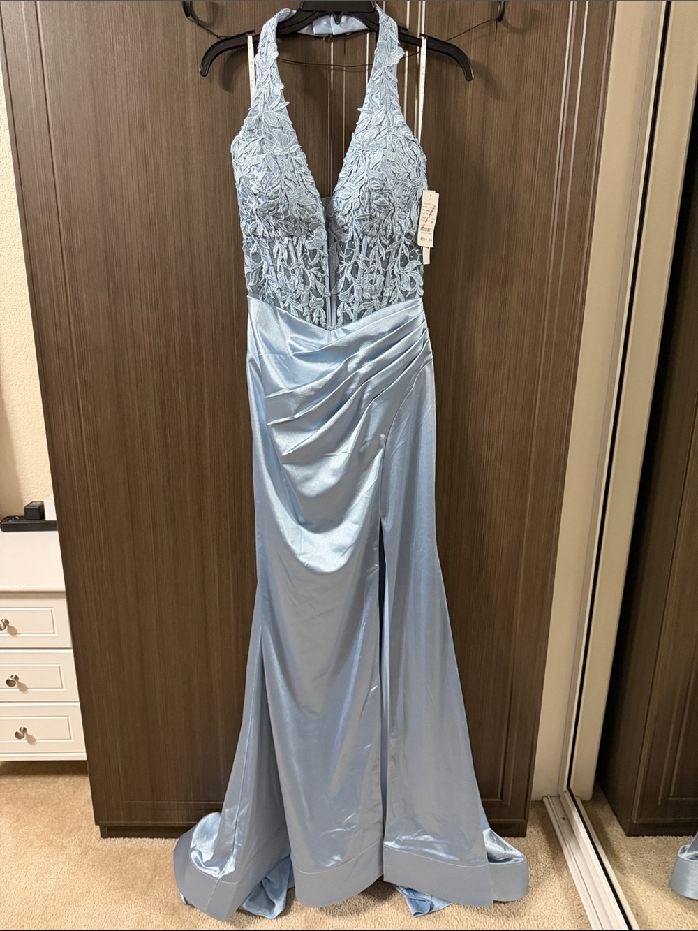 Camille‎ La Vie Powder Blue Lace Halter Satin Prom Gown